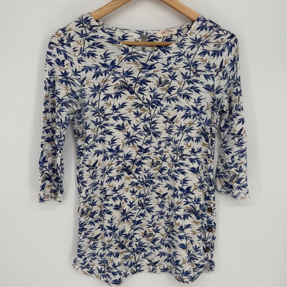 Fat Face Womens White Blue Botanical Bird Print 3/4 Sleeve Slub Knit Top Size 2